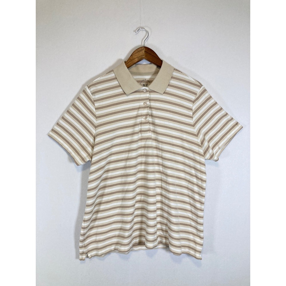 Preppy Hasting & Smith Women 2X Tan White Striped Short Sleeve Polo Shirt